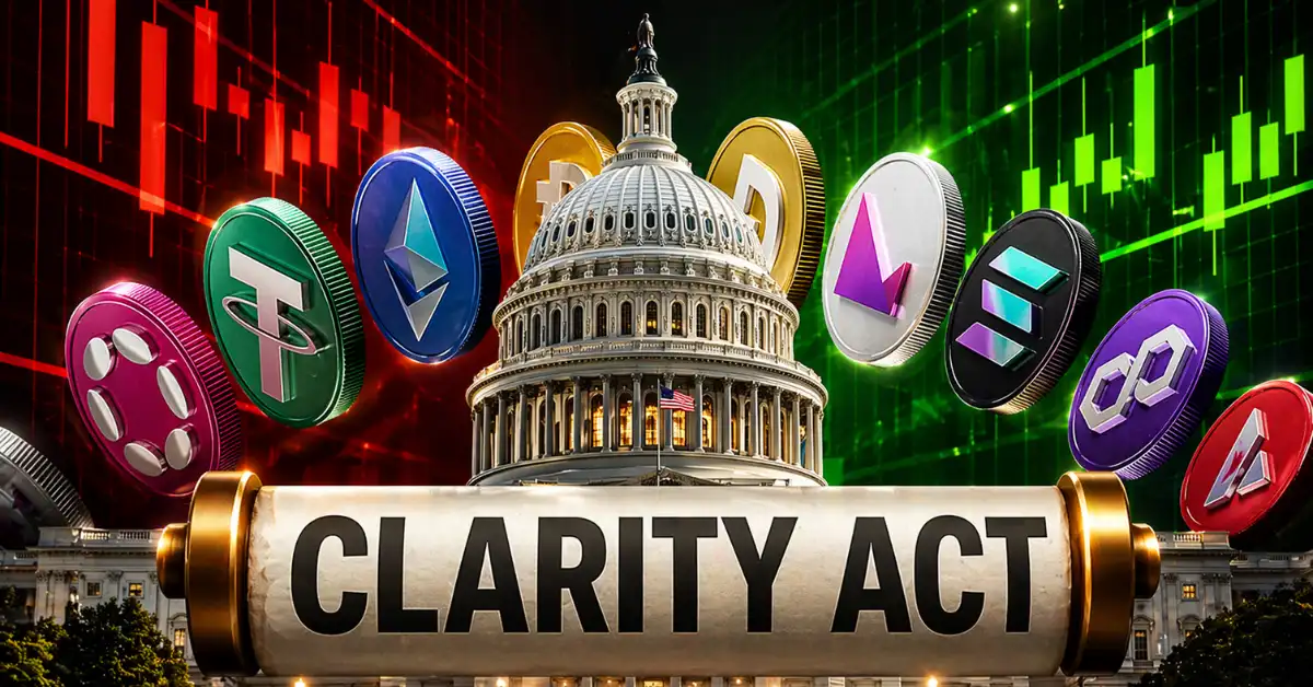 A "CLARITY ACT" scroll in front of the US Capitol Building, surrounded by various cryptocurrency coins including Bitcoin, Ethereum, and Solana against a trading chart background.