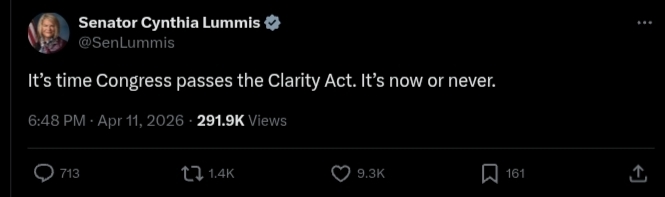 Senator Cynthia Lummis Advocates to Pass the CLARITY Act | Source: X