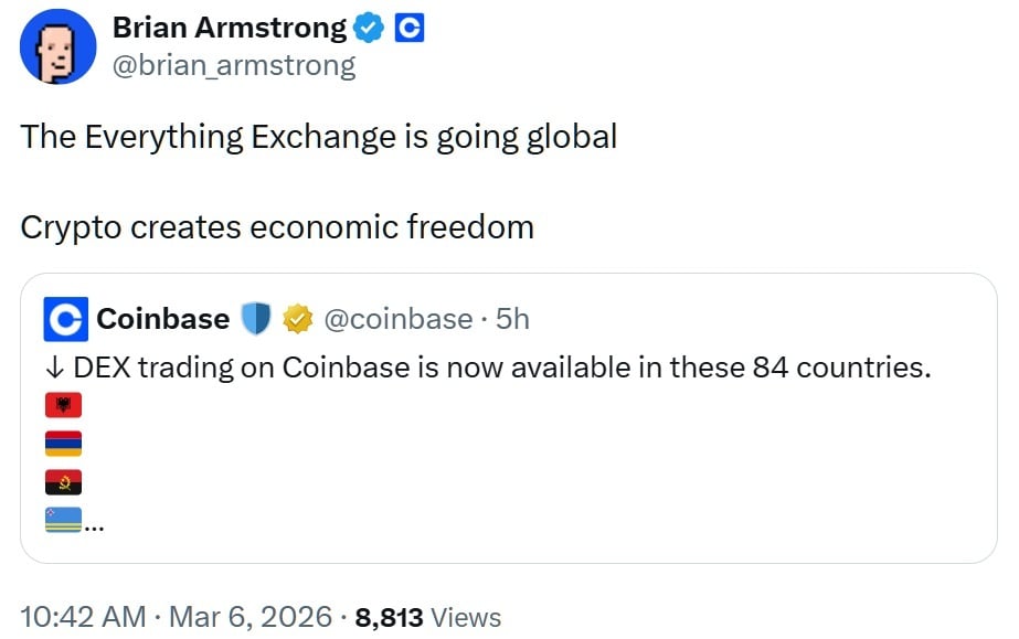 Coinbase একীভূত ডিসেন্ট্রালাইজড ট্রেডিংয়ের মাধ্যমে ৮৪টি দেশকে ‘এভারিথিং এক্সচেঞ্জ’ বাস্তুতন্ত্রে প্রবেশ করিয়েছে