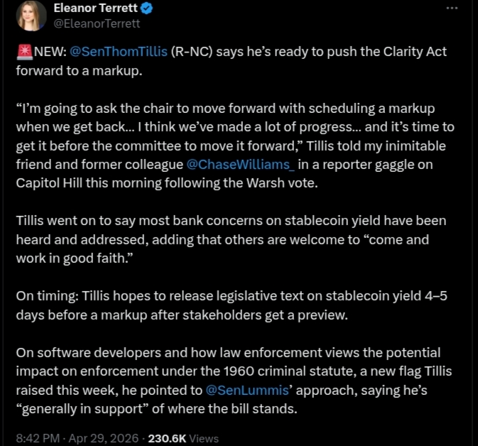Clarity Act Update | Source: Eleanor Terrett (X)