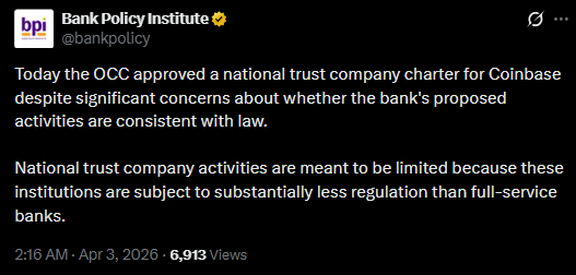 Coinbase ได้รับการอนุมัติจาก OCC | แหล่งที่มา: X