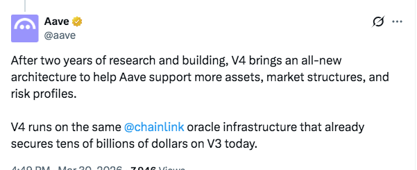 Aave crypto launches Aave V4 activation on Ethereum/Source: X