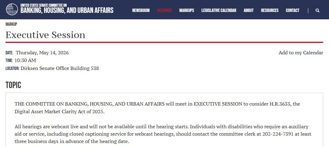 CLARITY Act Markup: Senate Banking Sets May 14 Crypto Rules Session