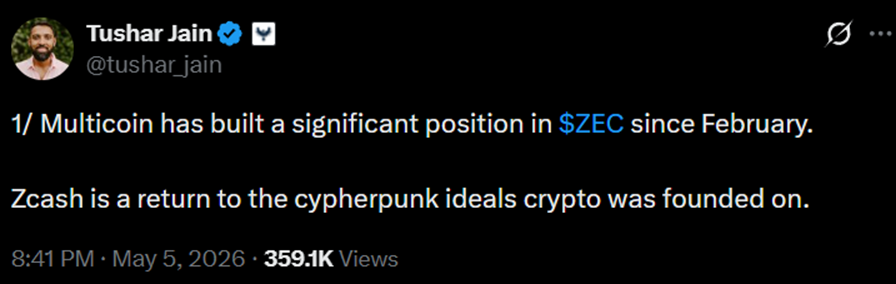 Zcash (ZEC) Crypto in Focus | Source: X
