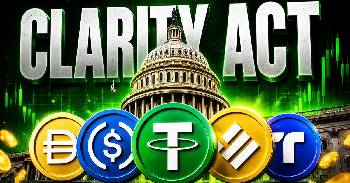 Digital graphic featuring the US Capitol building and major stablecoins like Tether, USDC, and DAI under the bold text "CLARITY ACT" against a green financial chart background.