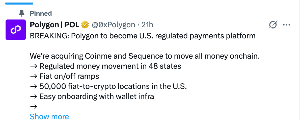 Polygon acquired Coinme and Sequence | Source: X
