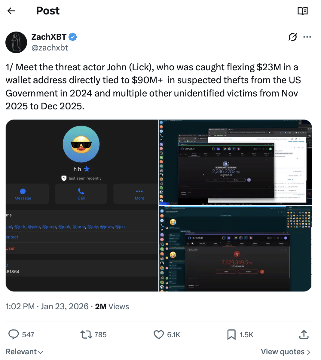 ZachXBT sobre o roubo de criptomoedas do U.S. Marshals em janeiro