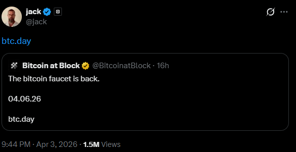 Jack Dorsey’s Bitcoin Faucet Post | Source: X