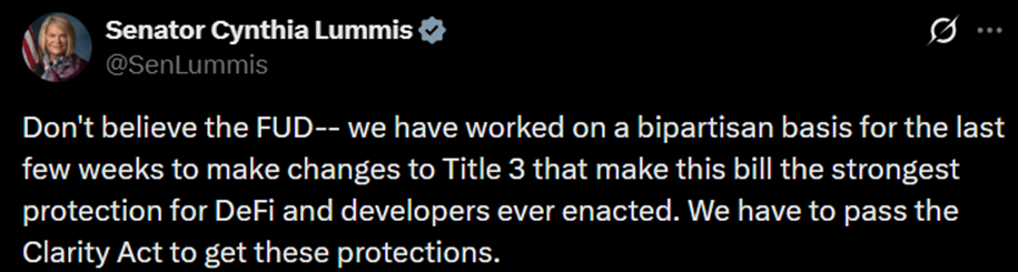 Crypto Regulation Focuses on CLARITY Act | Source: Cynthia Lummis, X