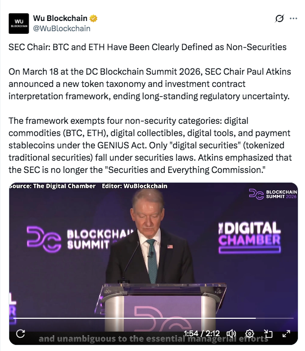 Новости криптовалют усиливаются, поскольку SEC классифицирует bitcoin и ethereum как цифровые товары | Источник: X