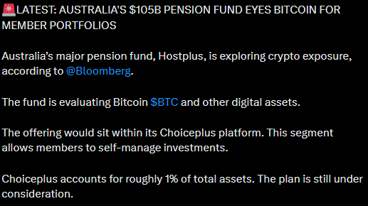 آسٹریلیا کا پینشن فنڈ کرپٹو نیوز | ماخذ: X
