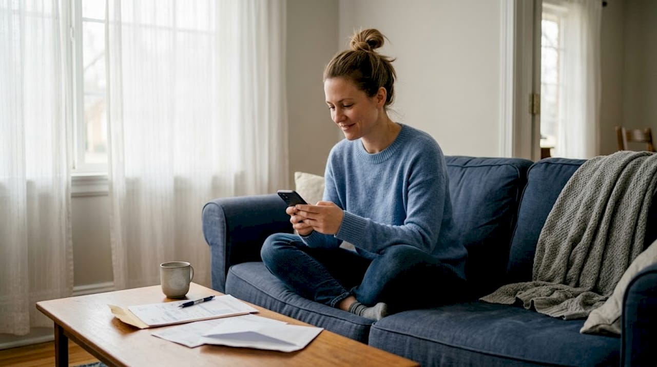 امرأة ترسل أموالًا باستخدام هاتف ذكي في المنزل