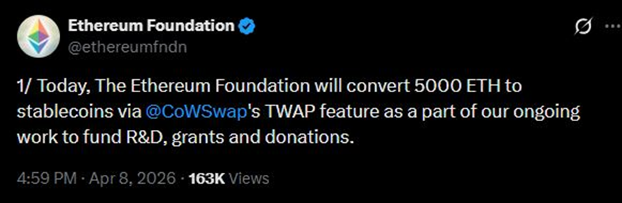 Ethereum news: Ethereum Foundation to offload 5,000 ETH