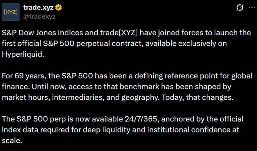 Hợp đồng vĩnh cửu S&P 500 | Nguồn: trade.xyz, X