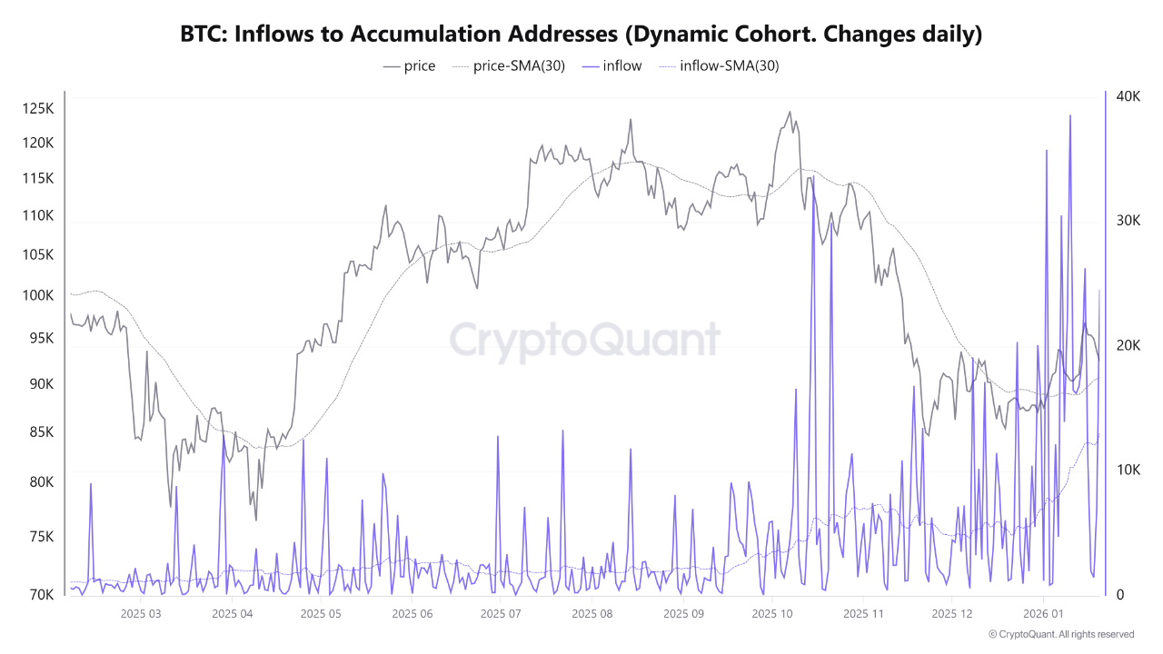 Endereço de acumulação de fluxo de entrada do Bitcoin | Fonte: CryptoQuant
