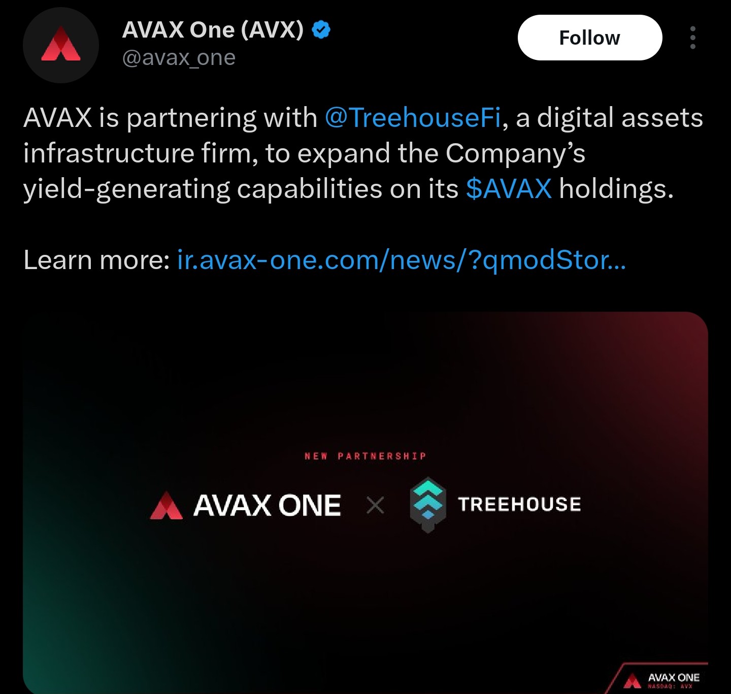 AVAX One x Treehouse partnership | Source: AVAX One/X