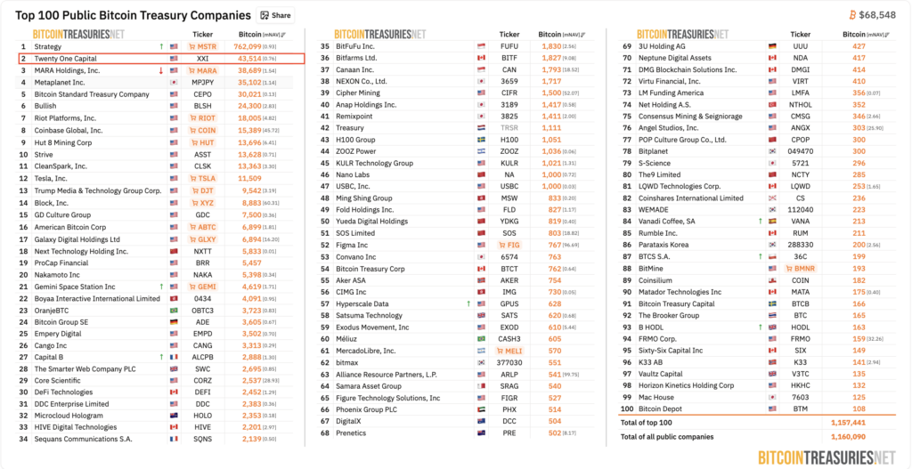 Bitcoin News Showing Top BTC Treasury Companies | Source: BitcoinTreasuries