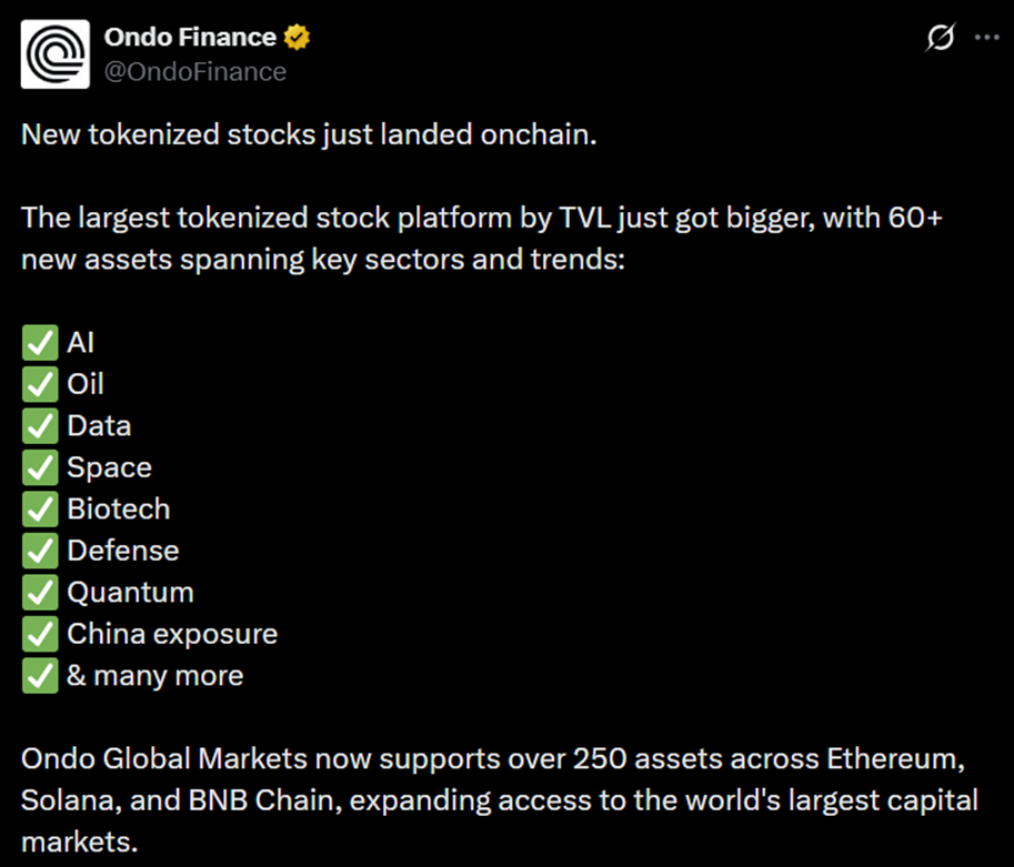 Ondo Finance rolls out new tokenized stocks/ source: X courtesy of Ondo Finance