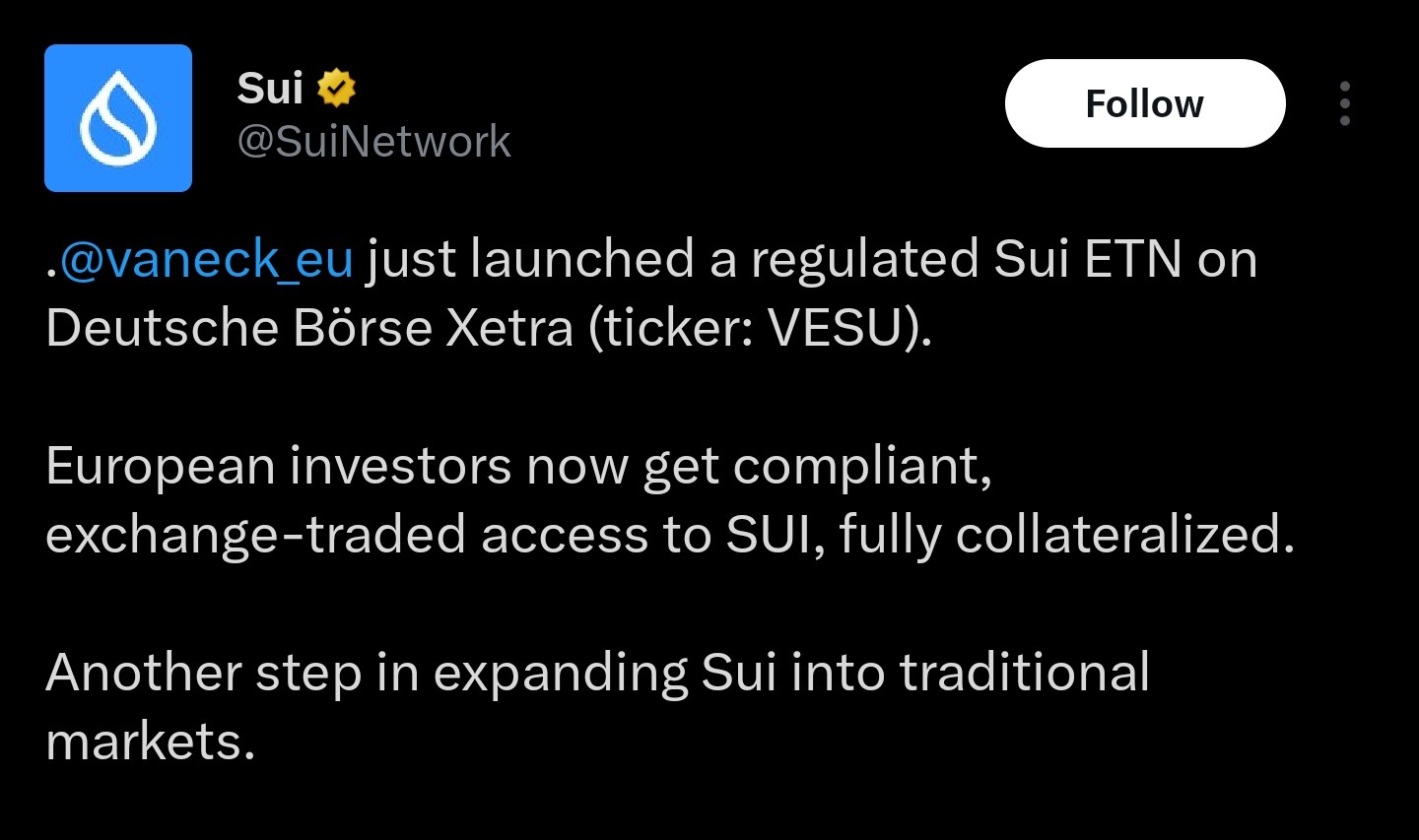 VanEck lanza el ETN de Sui | Fuente: Sui Network/X