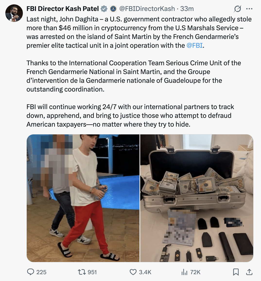 Detenção do suspeito de roubo de criptomoedas pelos U.S. Marshals