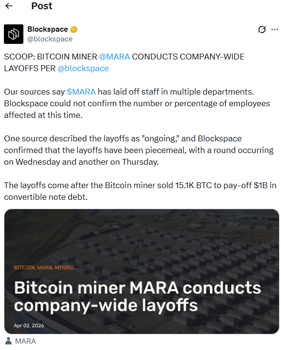 Noticias de bitcoin sobre los despidos de MARA | Fuente: X